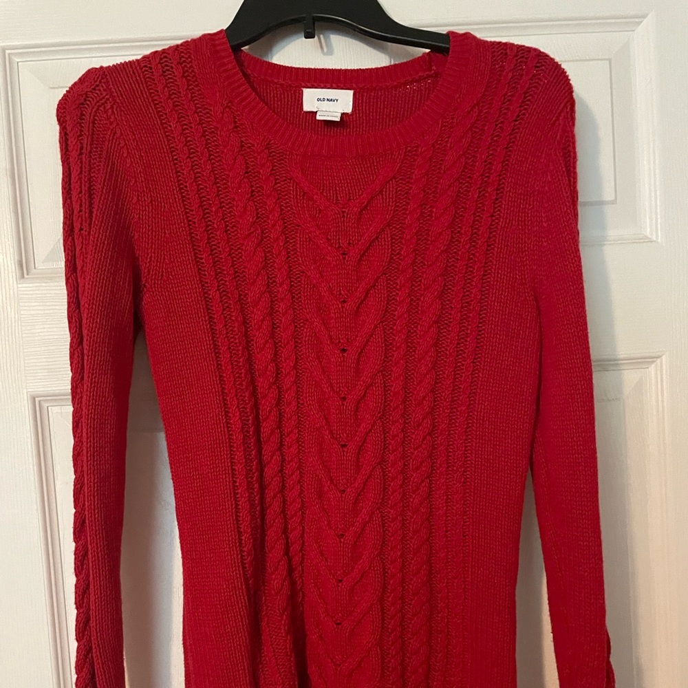 Red Knitted Sweater, nice length.